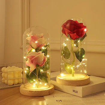 LED Nakts Gaisma Simulācijas Ziedu Stikla Vāks Nemirstīgs Rožu Rotājumu Radošā Tanabata Valentīna Diena Dāvanu Nemirstīgs Rožu Dekoru